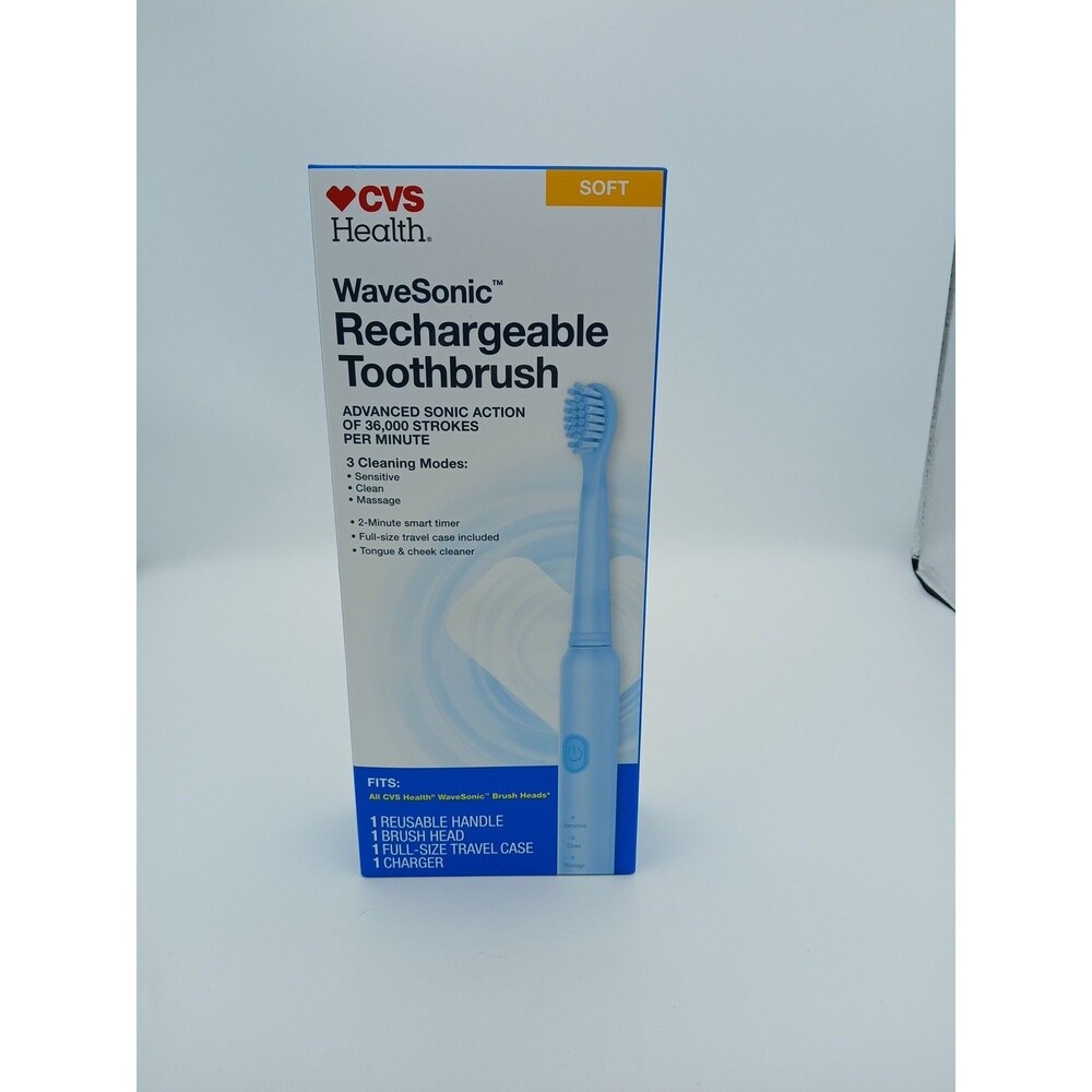 CVS Health WaveSonic Rechargeable Toothbrush  Soft Blue 3 Cleaning Modes Case